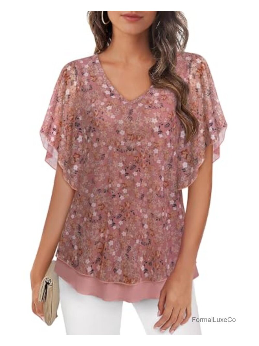 Women's Double Layer Mesh V-Neck Tunic Blouse Short Sleeve Dressy Casual
